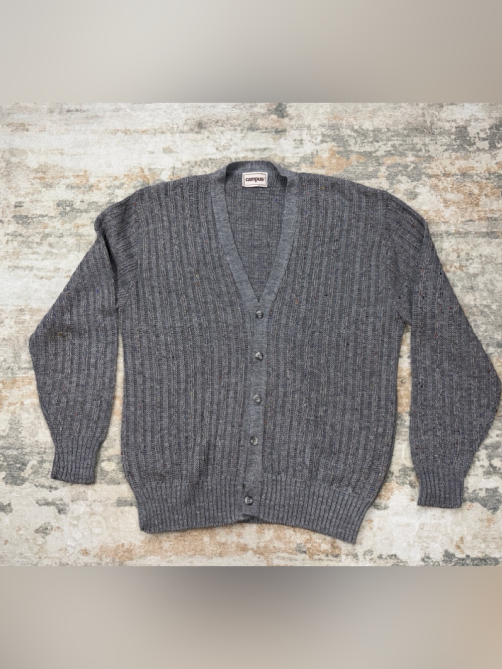 Vintage Campus XL Gray Wool Blend Cardigan Sweater Made in USA Speckled Grandpa